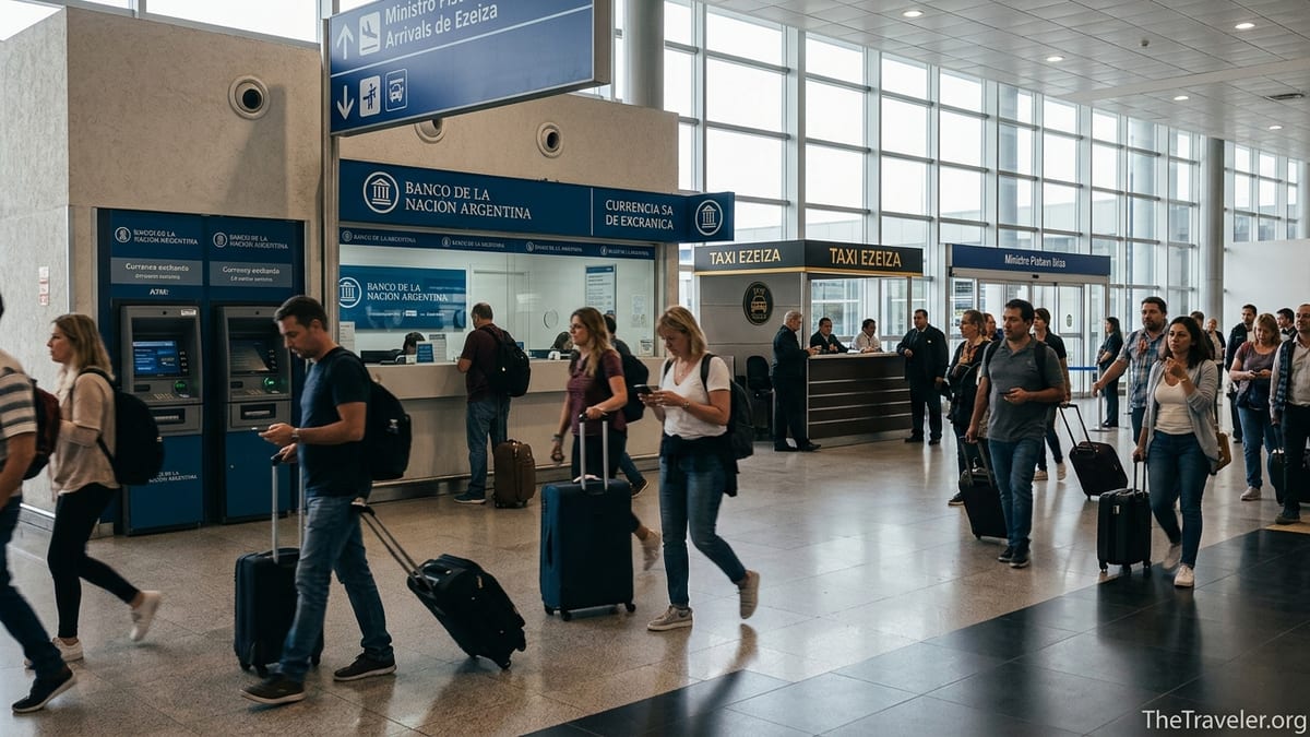 Travelers at Ezeiza Airport walking past currency exchange counter and ATMs in arrivals hall.