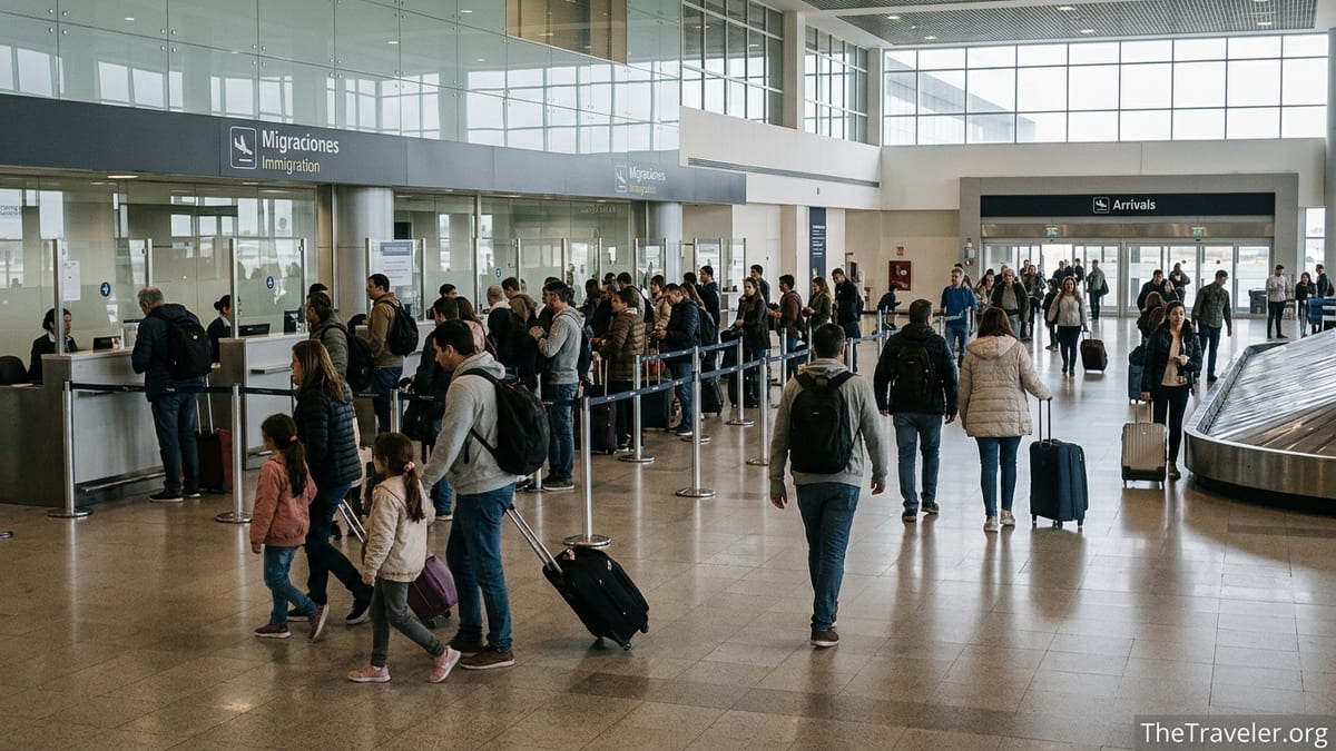 Travelers queue at immigration and walk toward baggage claim in Ezeiza International Airport arrivals hall.