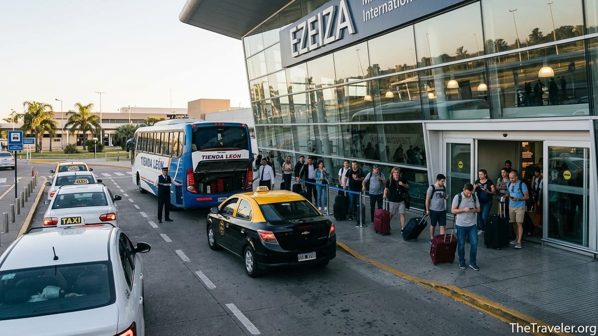 Arriving passengers outside Ezeiza International Airport choosing between taxis and shuttle buses.