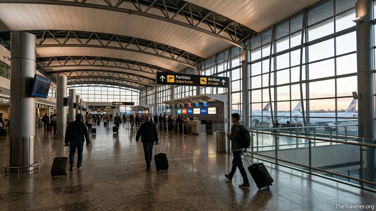Passengers walking through Ezeiza Airport’s modern departures hall toward check in and overhead signs.