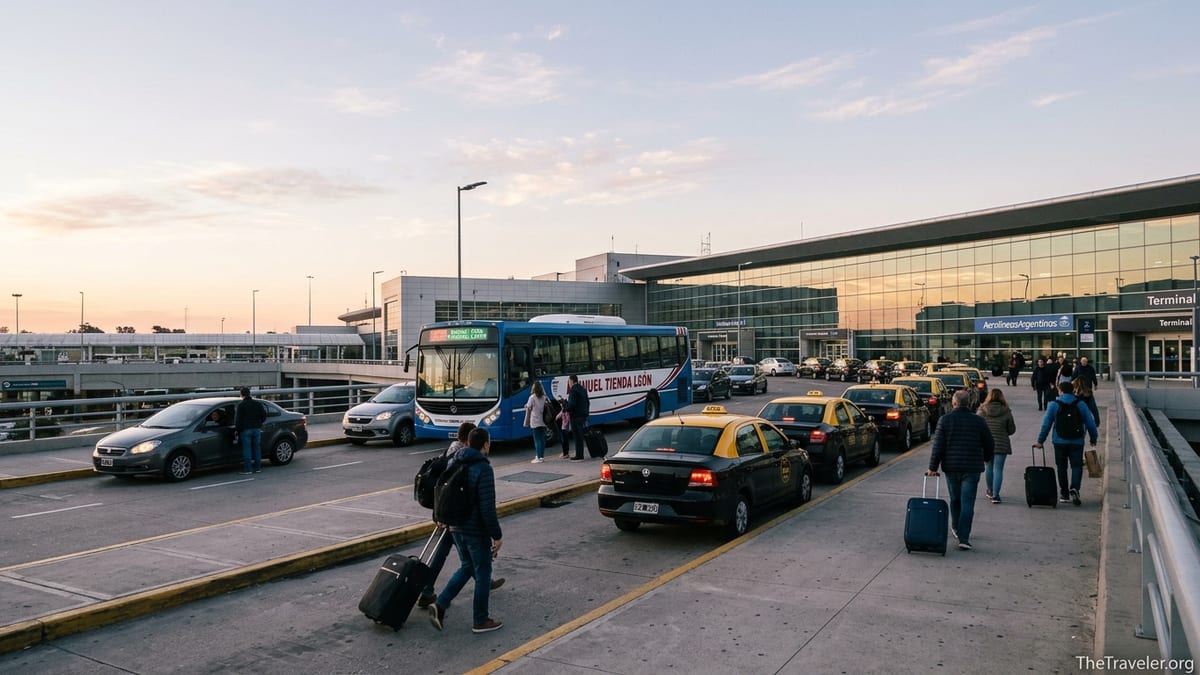 Travelers with luggage choosing taxis and shuttle buses outside Ezeiza Airport in Buenos Aires.