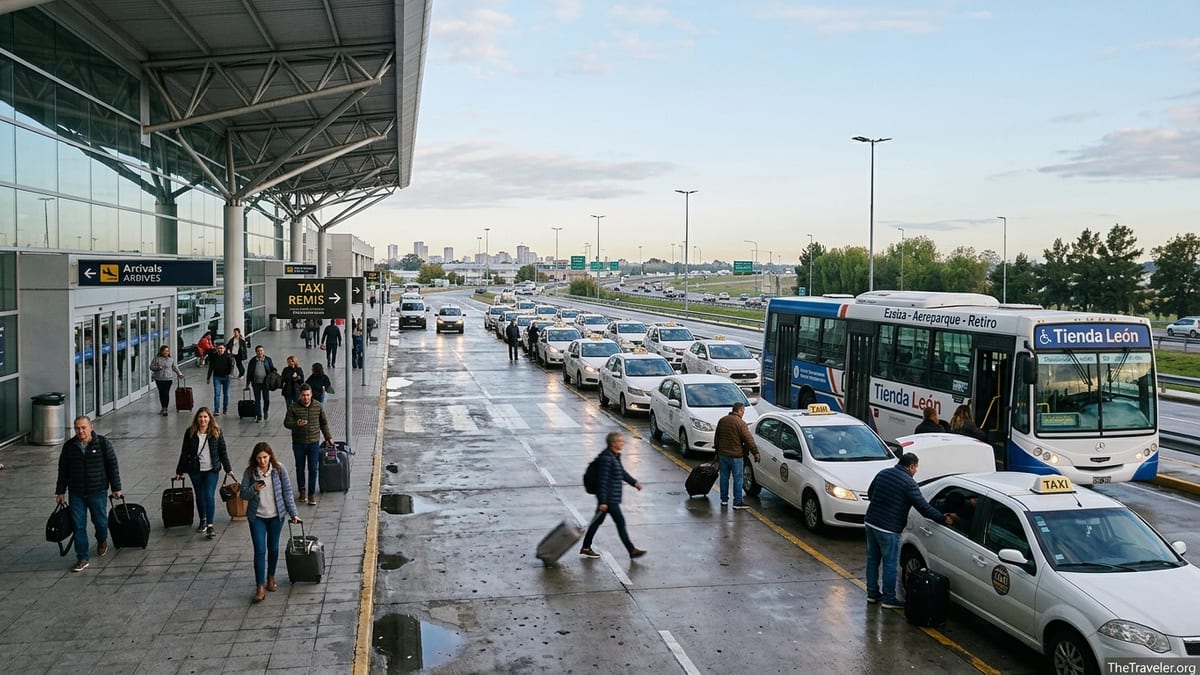 Travelers boarding taxis and a shuttle outside Ezeiza Airport on an early morning.