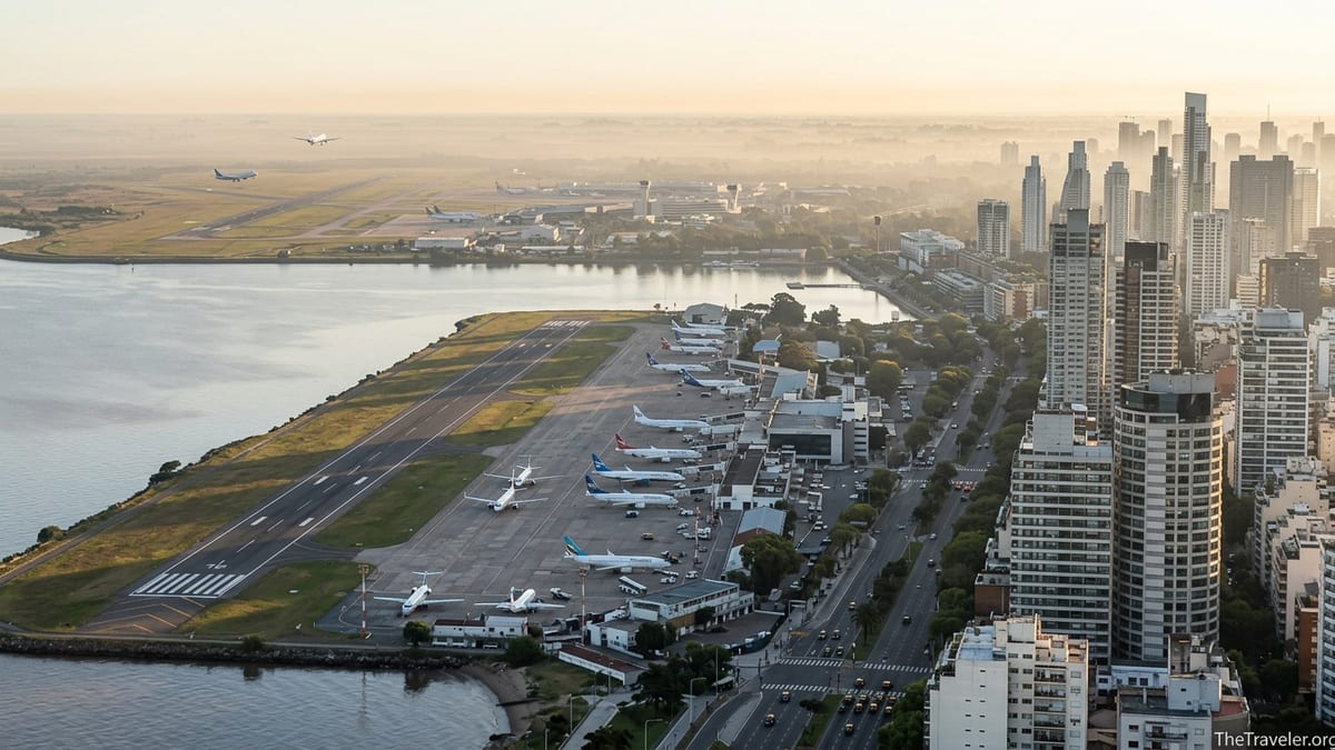 View of Buenos Aires city airport by the river with downtown skyline in the distance at sunrise.
