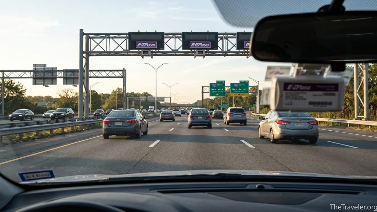 Car approaching an E‑ZPass electronic toll gantry on a busy highway at sunrise.