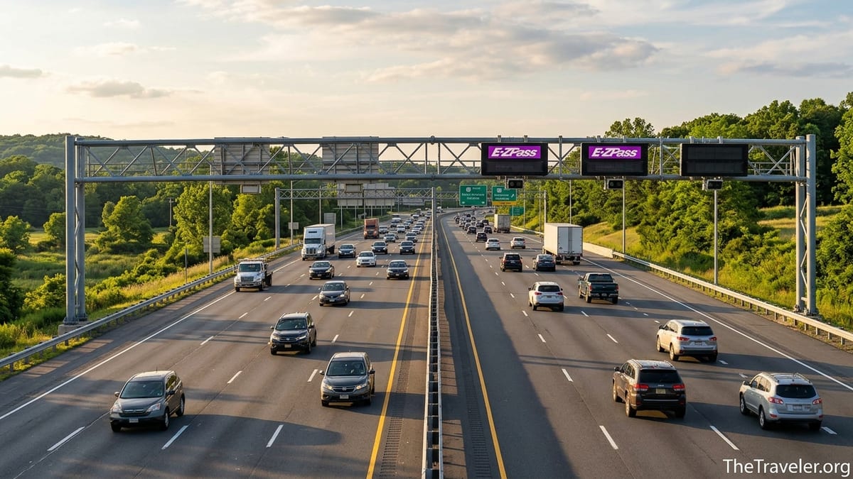 Cars pass under an E‑ZPass toll gantry on a busy U.S. highway at sunset.