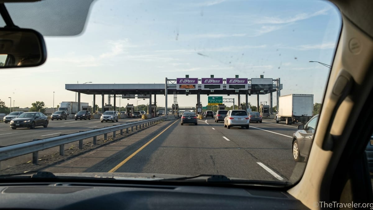 View from a car approaching an E‑ZPass toll gantry on a busy highway at sunset.
