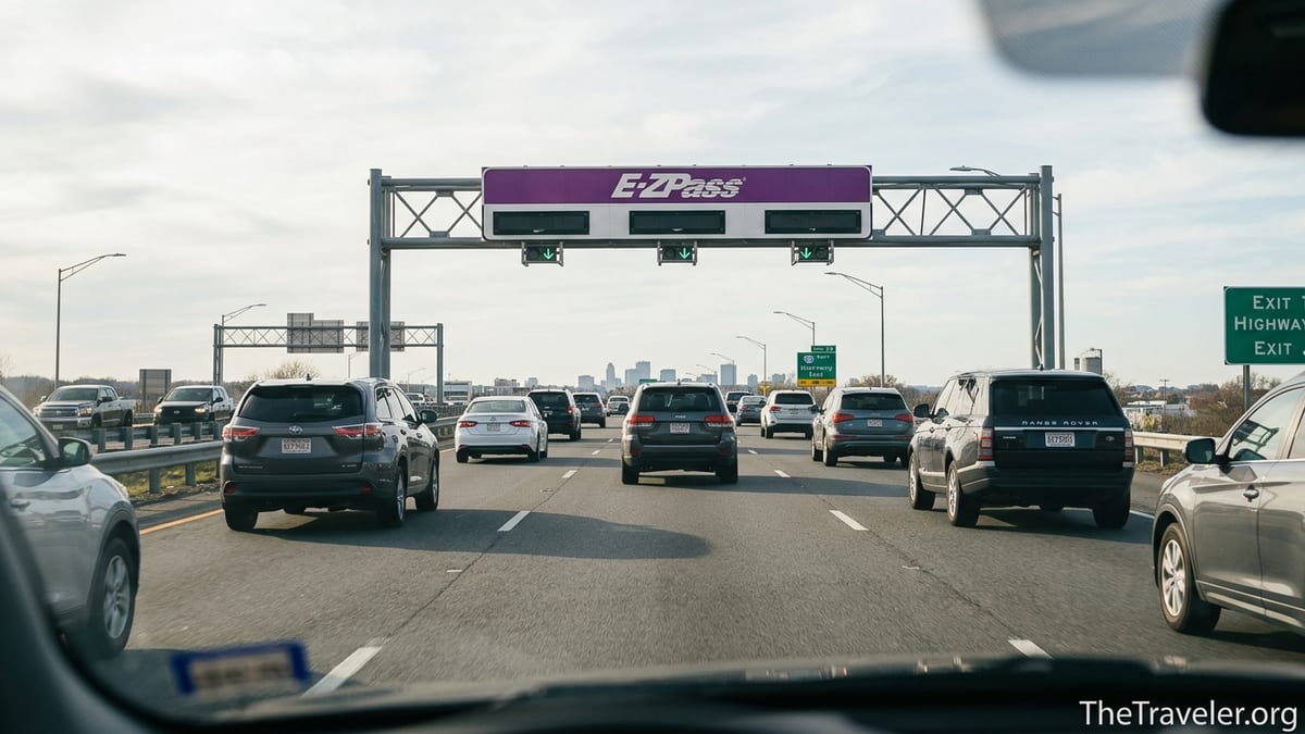 Car approaching an E-ZPass toll gantry on a busy highway under soft daylight.