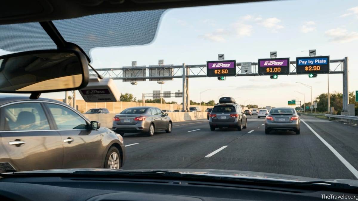 Cars pass under electronic toll gantries showing E-ZPass and Pay by Plate lanes on a U.S. highway.