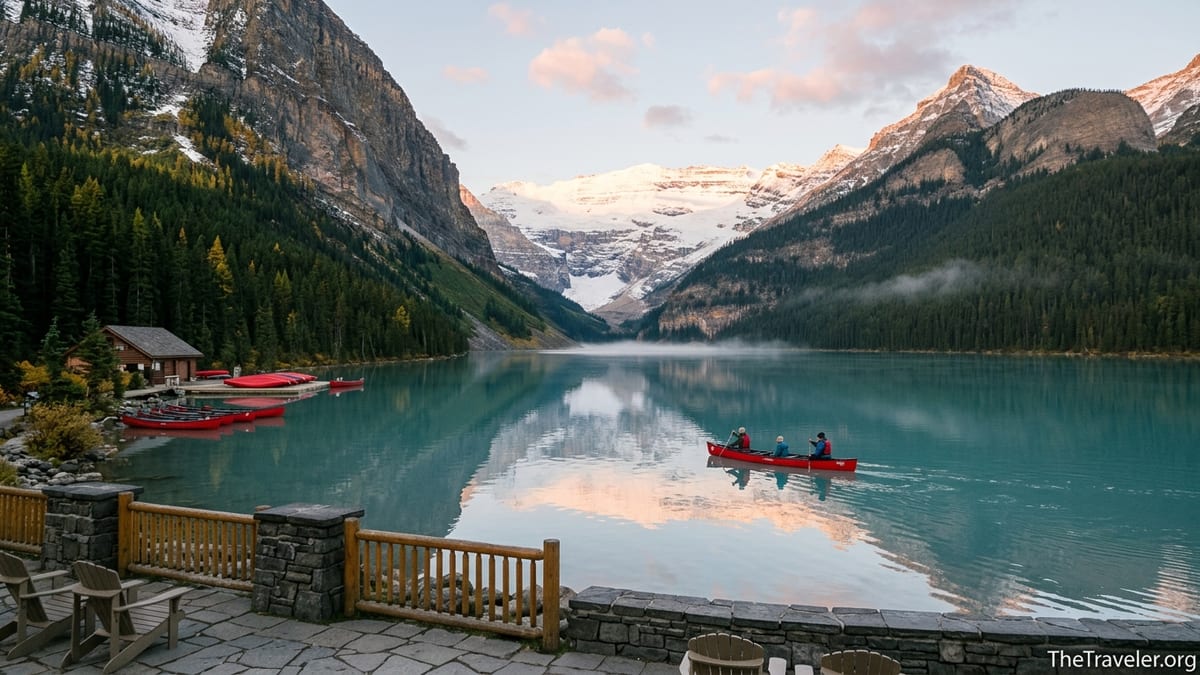 Morning view from Fairmont Chateau Lake Louise over turquoise lake and glacier with red canoe on calm water.