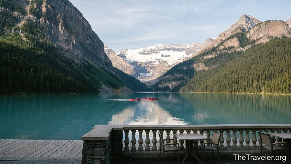 View from Fairmont Chateau Lake Louise across turquoise lake toward Victoria Glacier and the Rockies.