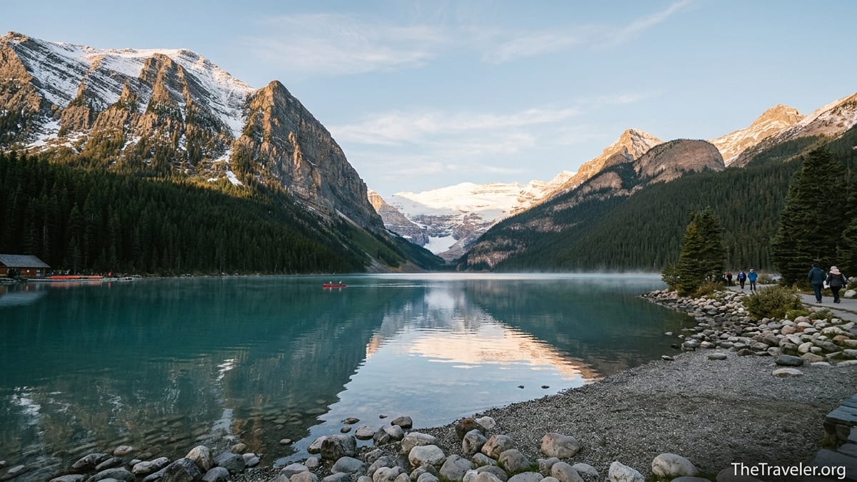 Fairmont Chateau Lake Louise beside turquoise lake and glacier in the Canadian Rockies at sunrise.
