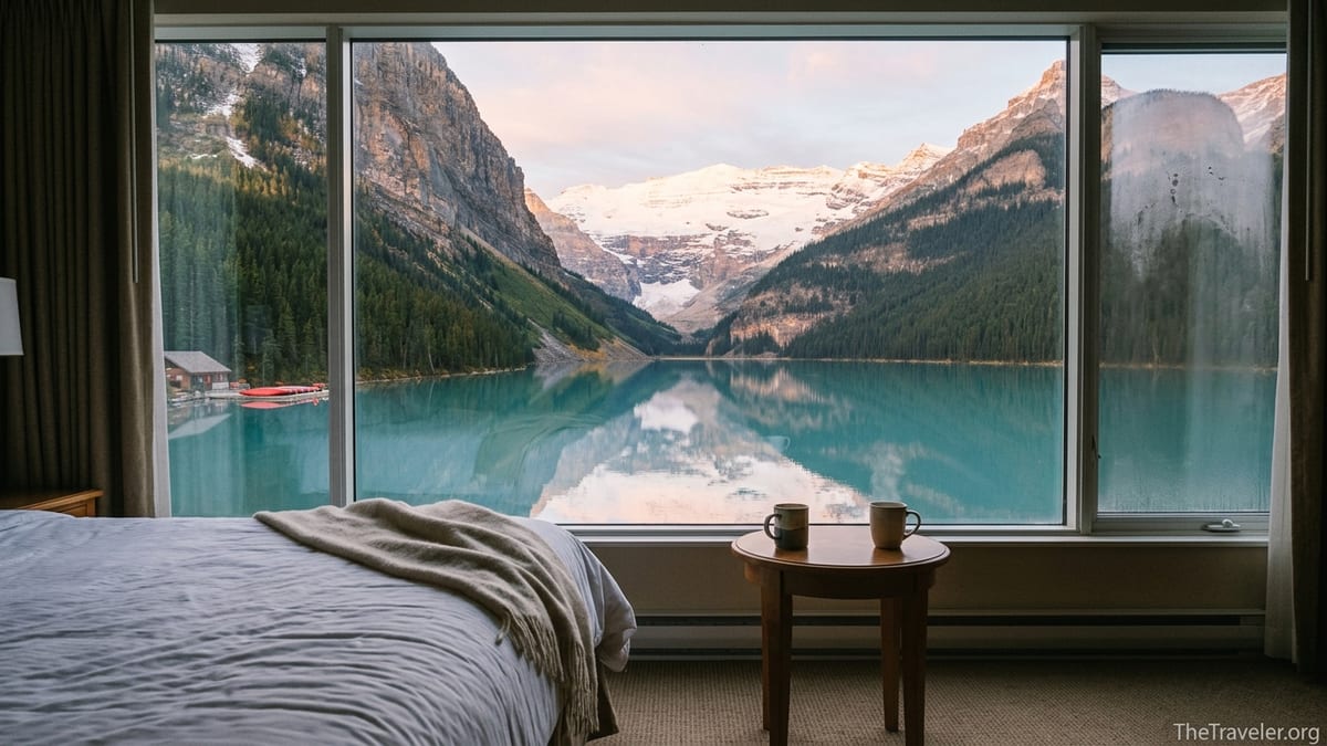 Sunrise view of Lake Louise and mountains seen from a Fairmont Chateau Lake Louise lakeview room window.