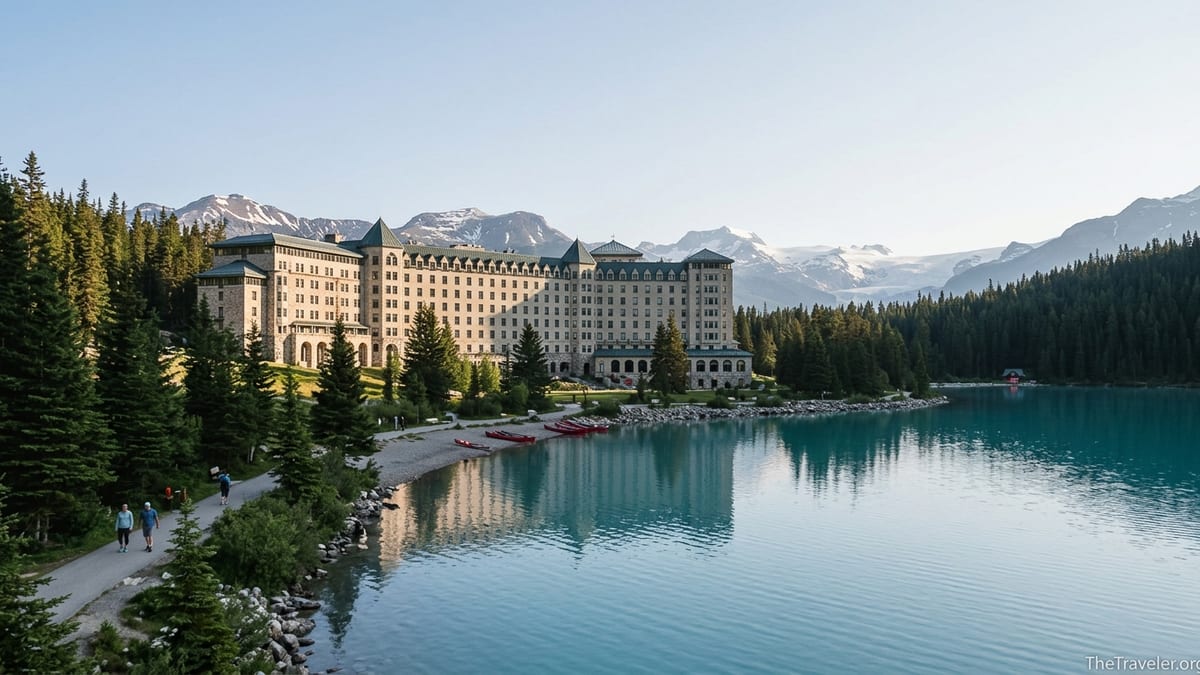 Fairmont Chateau Lake Louise facing a calm turquoise lake and snow-capped peaks on a clear summer morning.