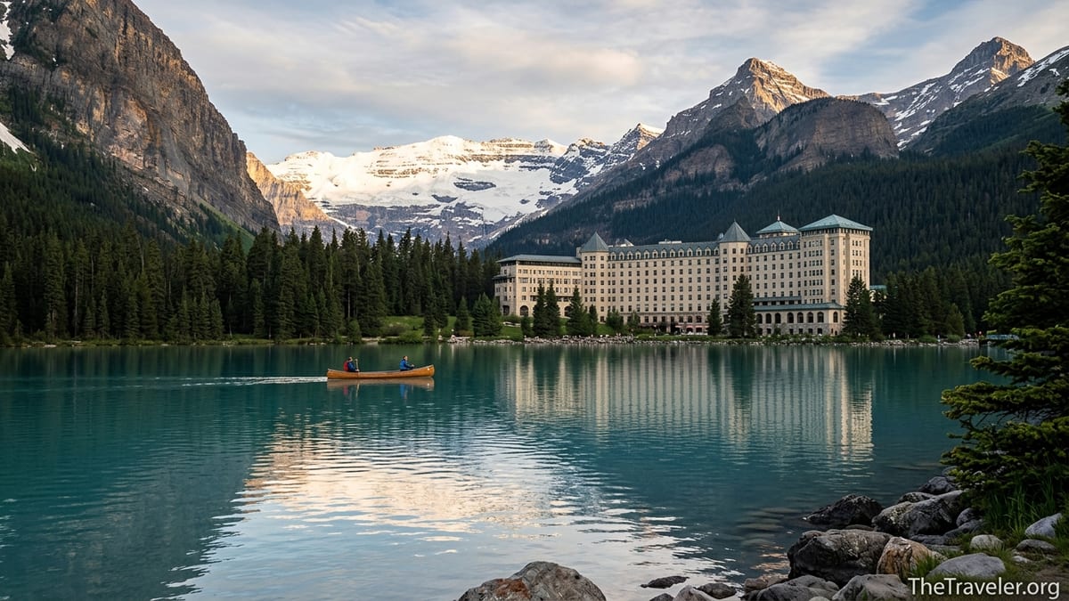 Fairmont Chateau Lake Louise on turquoise lake with mountains and forest at sunrise.
