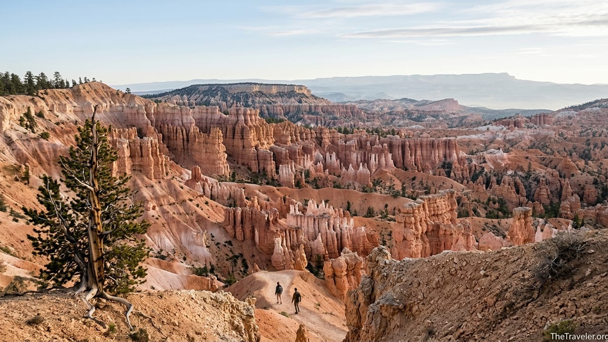 Sunrise view over hoodoos and trail of Fairyland Loop in Bryce Canyon.