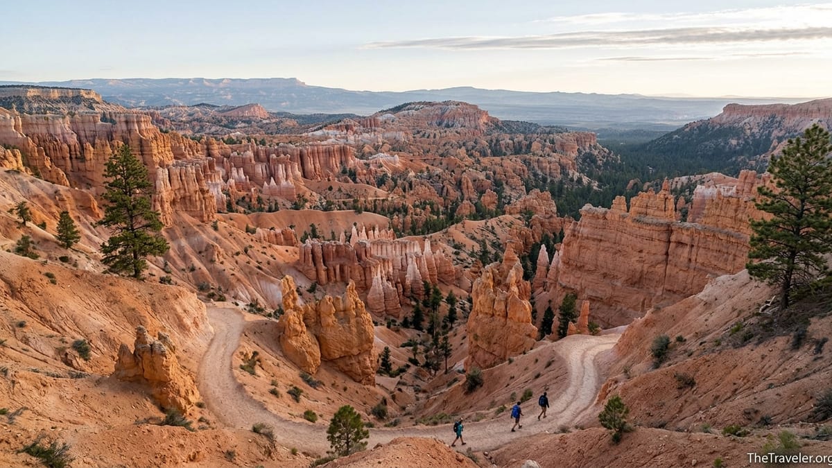 Hikers on the Fairyland Loop Trail descending among hoodoos in Bryce Canyon at sunrise.