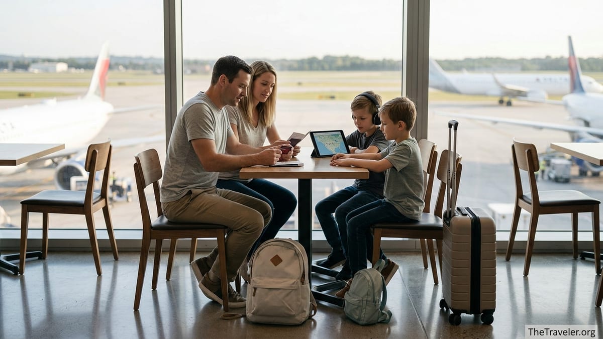 Family reviewing a travel rewards credit card at an airport cafe before a trip.