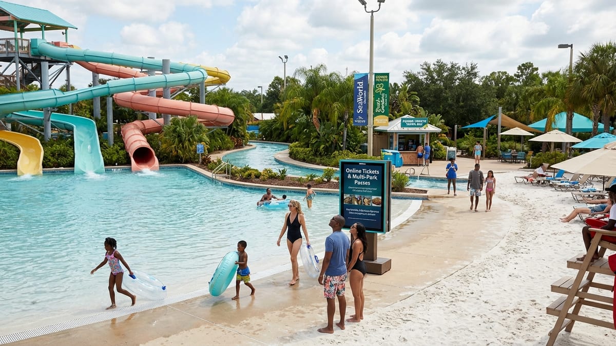 Families enjoying a sunny day at Aquatica Orlando water park.