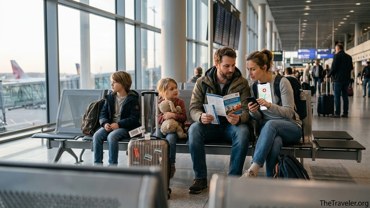 Family with children reviewing travel insurance documents in a bright airport terminal.