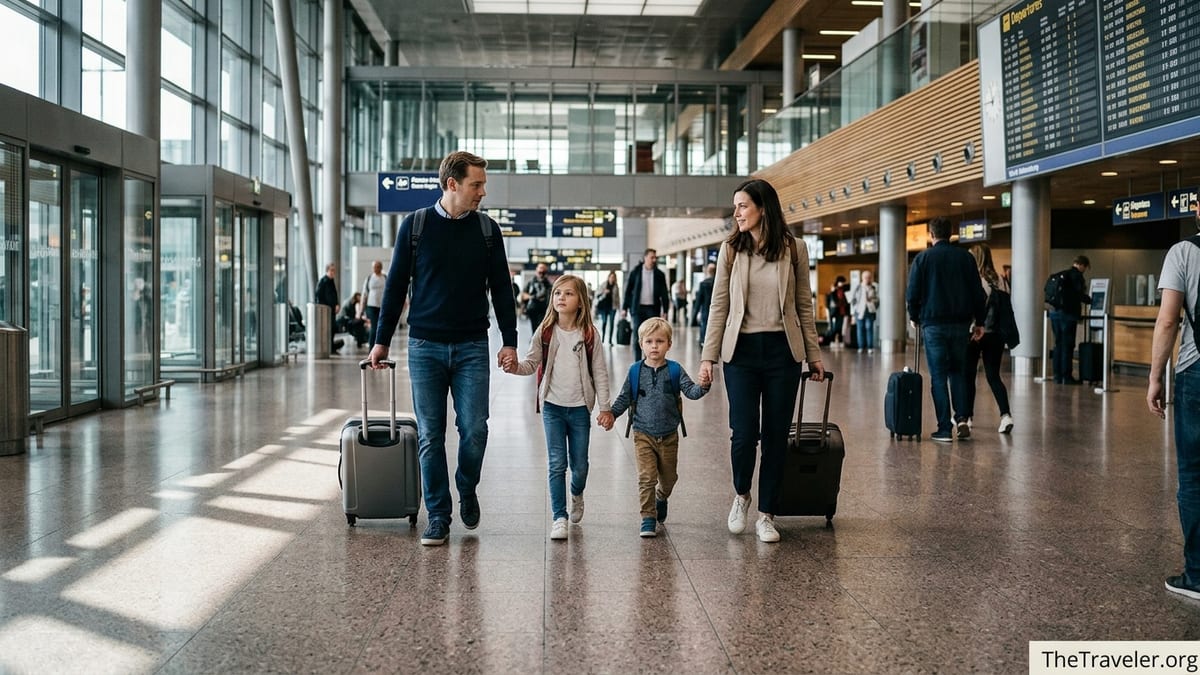 Family walking through a bright European airport terminal with luggage.