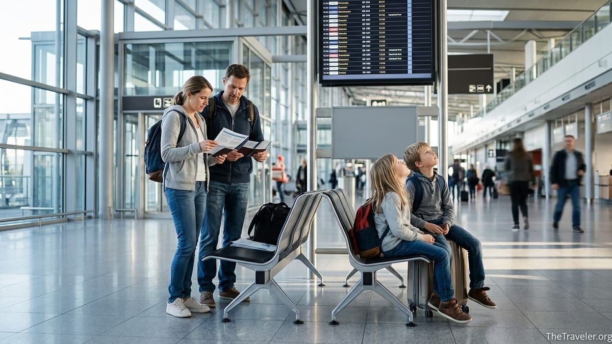 European family reviewing travel insurance documents in a busy airport terminal