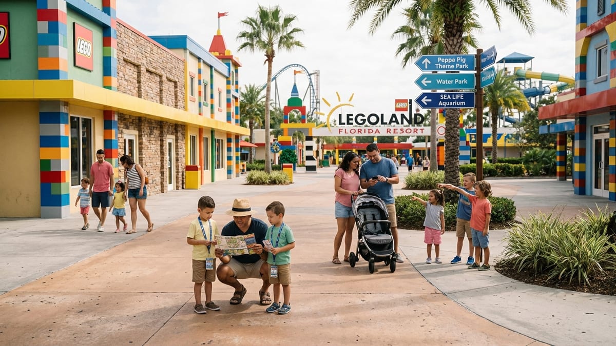 Families exploring the colorful, approachable scene at LEGOLAND Florida Resort.