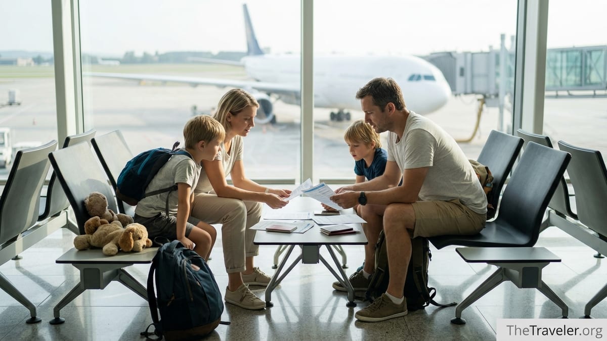 Family reviewing travel insurance documents together in an airport departure lounge before an international flight.