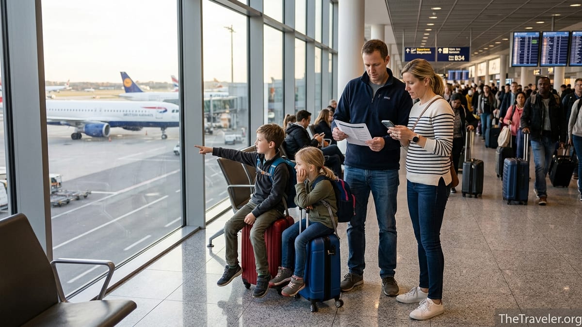 Family reviewing travel insurance documents in a busy international airport terminal.