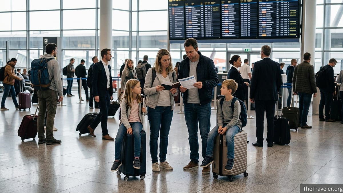 Family reviewing travel insurance documents at an international airport check-in area.