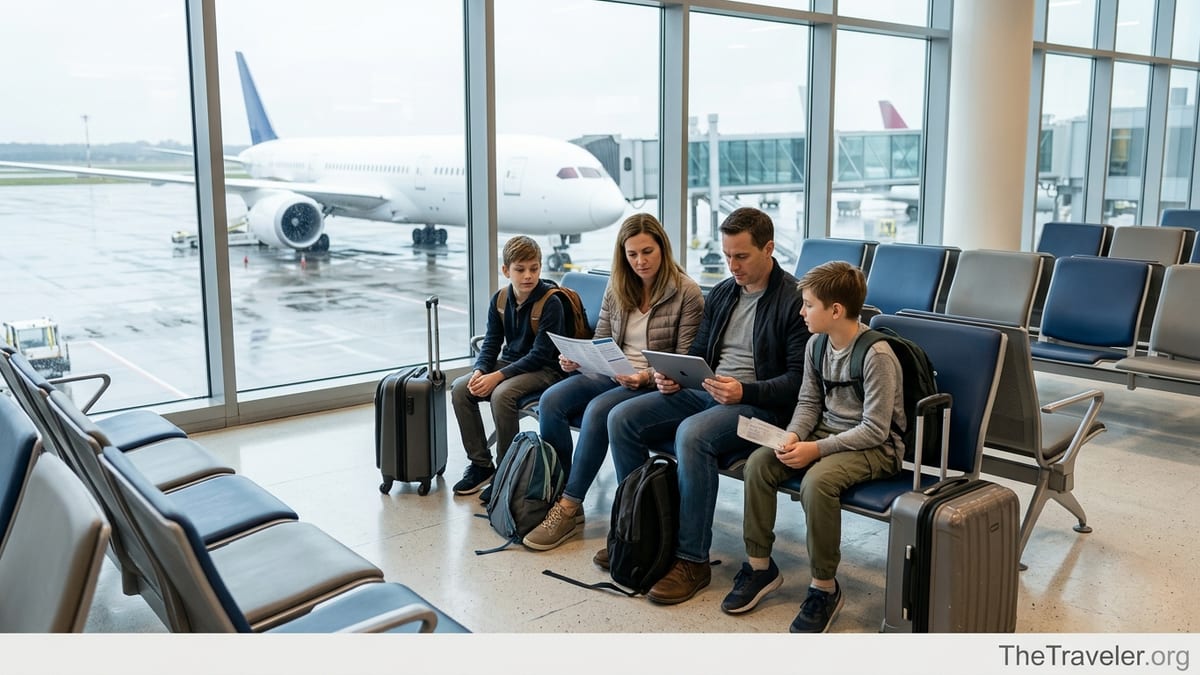 Family reviewing travel insurance documents together in an airport departure lounge before an international flight.