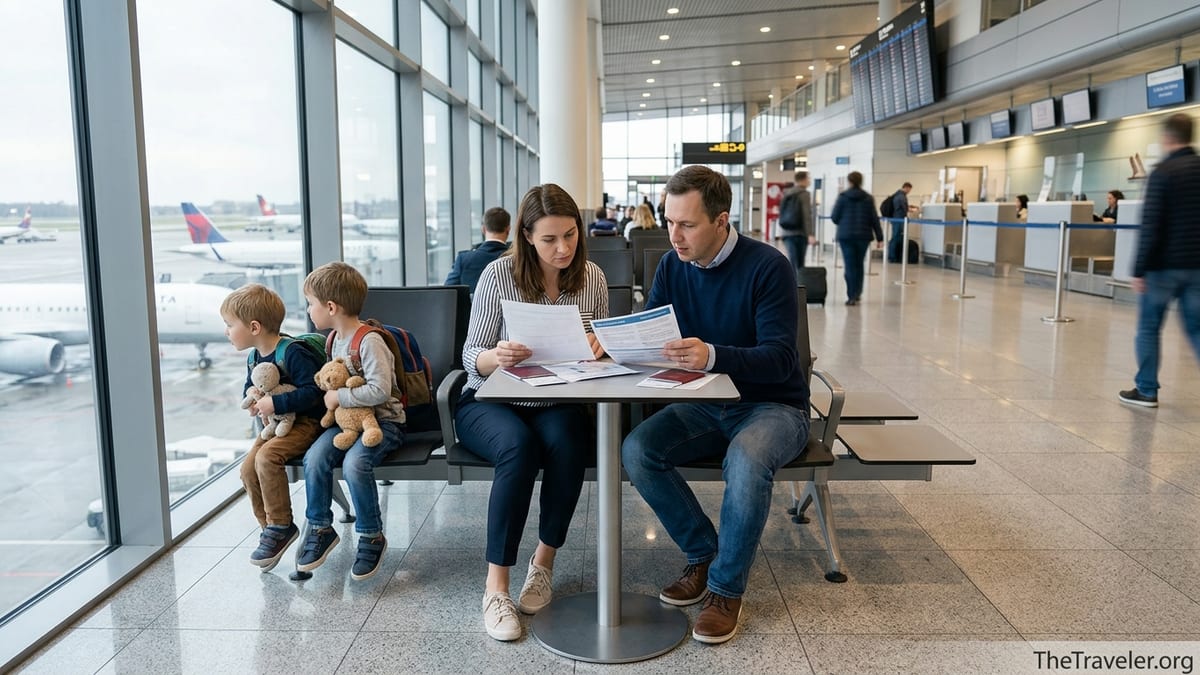 Family reviewing travel insurance documents at an airport before an international flight.