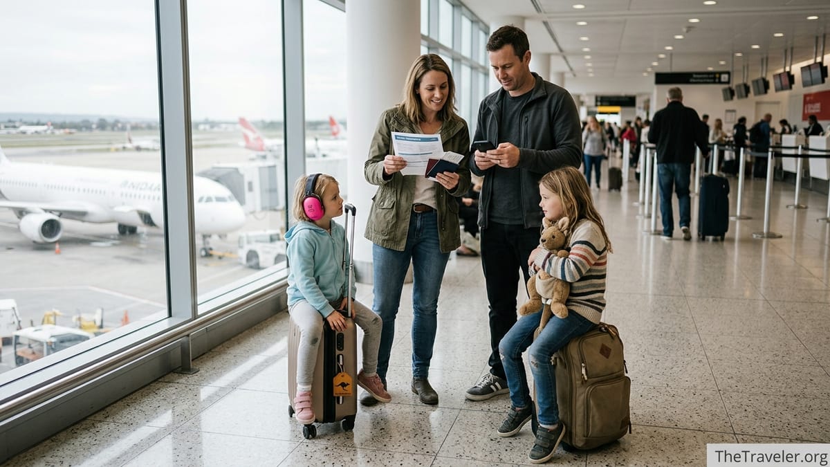 Australian family checks travel insurance documents together in a busy international airport.
