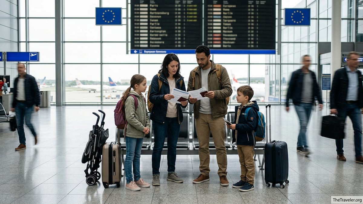 Family at a European airport reviewing travel insurance papers before departure.