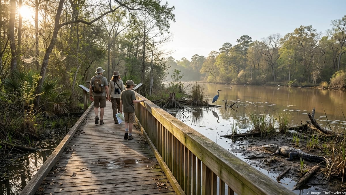 Family exploring boardwalk trail in Armand Bayou Nature Center, Texas.