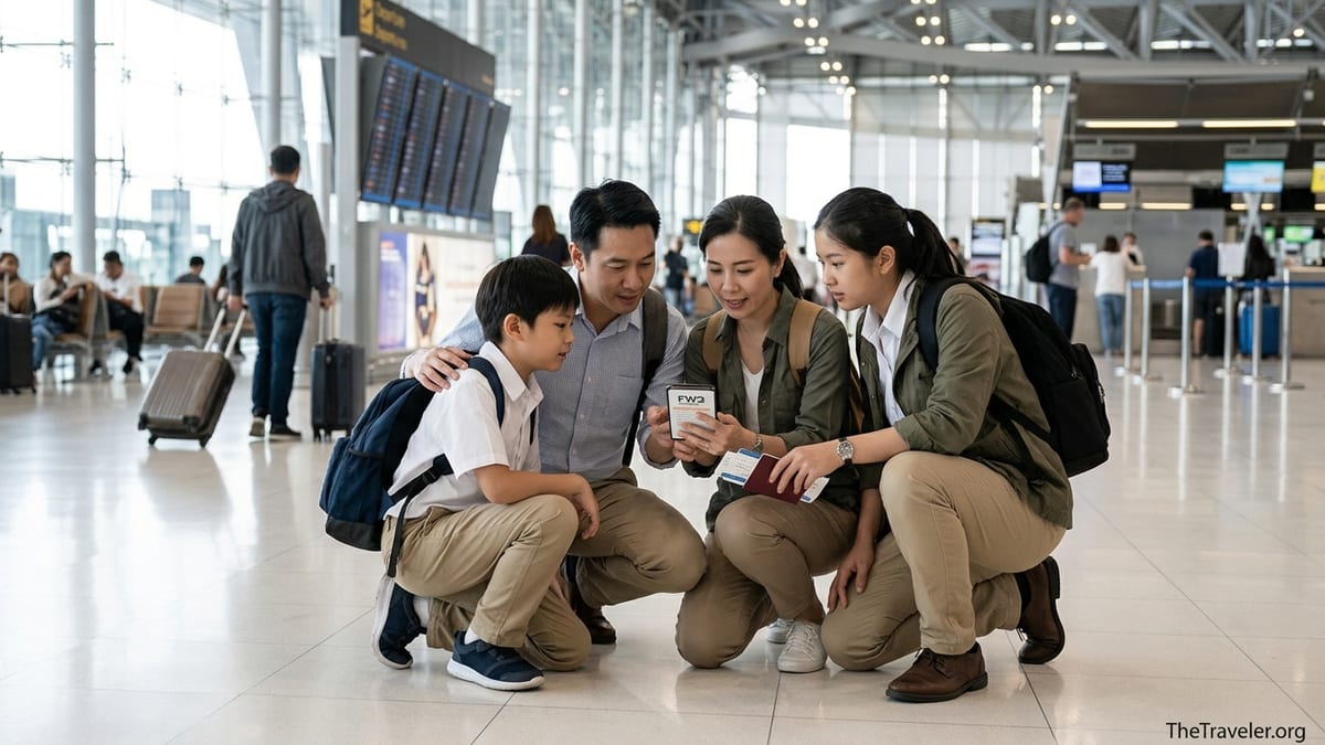 Family reviewing travel insurance on a phone in an airport departure hall
