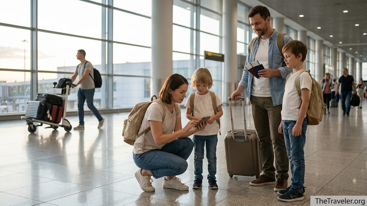 Family of four in an airport departure hall reviewing travel insurance documents before an international trip.