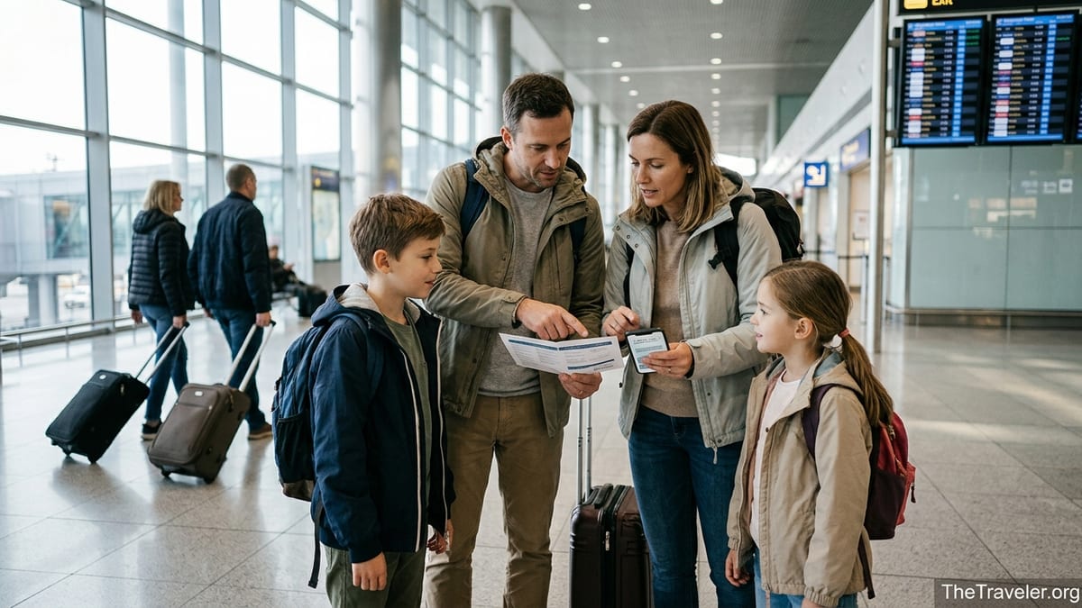 Family reviewing travel insurance documents in a bright international airport terminal.