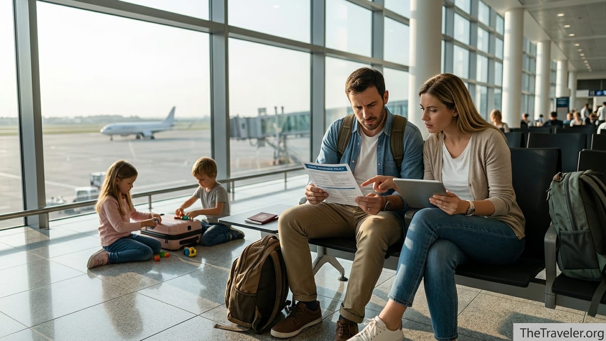 Family in an airport reviewing travel insurance documents before an international flight.