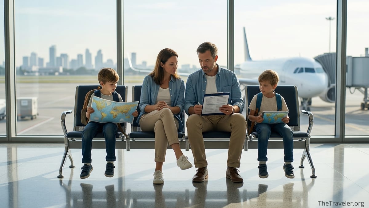 Family reviewing travel insurance documents together in an airport departure lounge before an international flight.