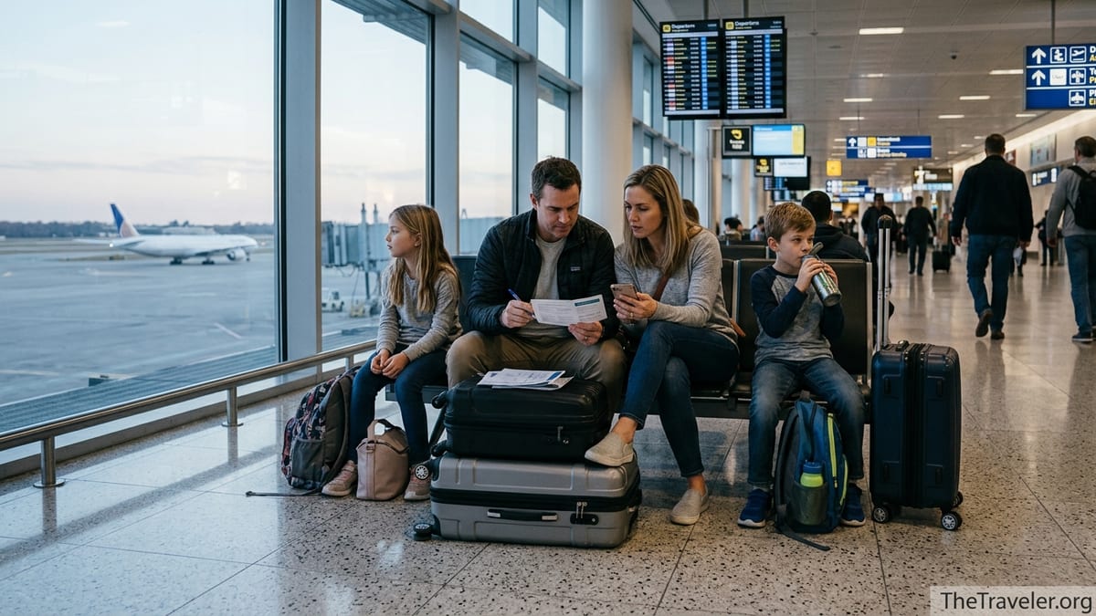 Family reviewing travel insurance documents in an airport lounge before an international flight.