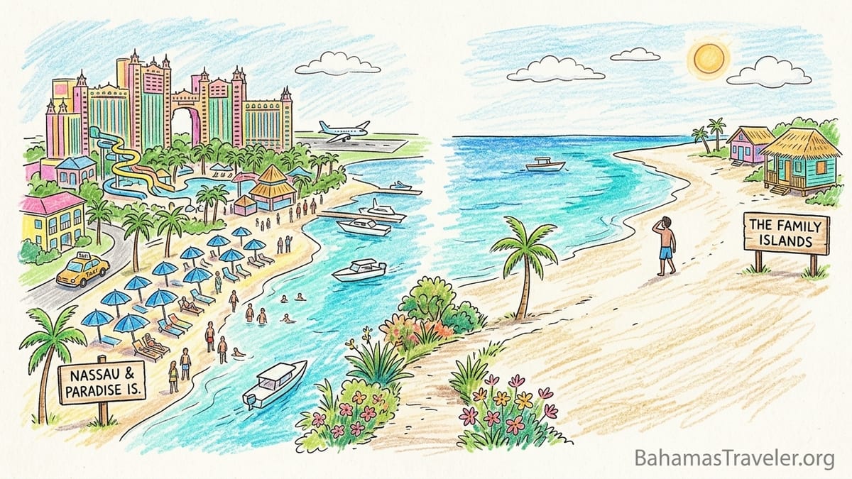 Family Island empty beach contrasted with Nassau resort promenade at sunset in The Bahamas