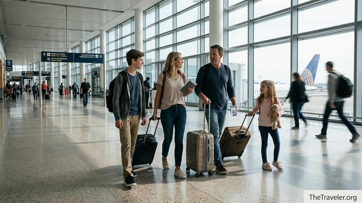 Family with luggage walking through an international airport terminal before an overseas trip.