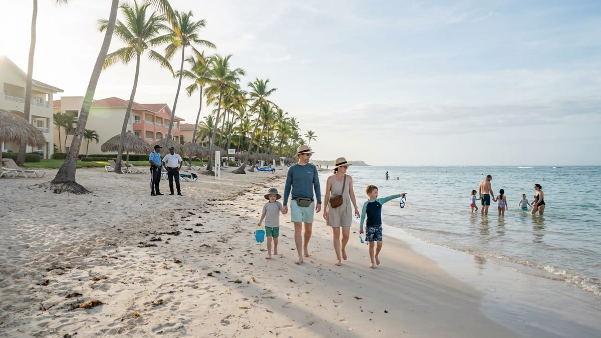 Family enjoying a morning walk at Bávaro Beach, Punta Cana resort.