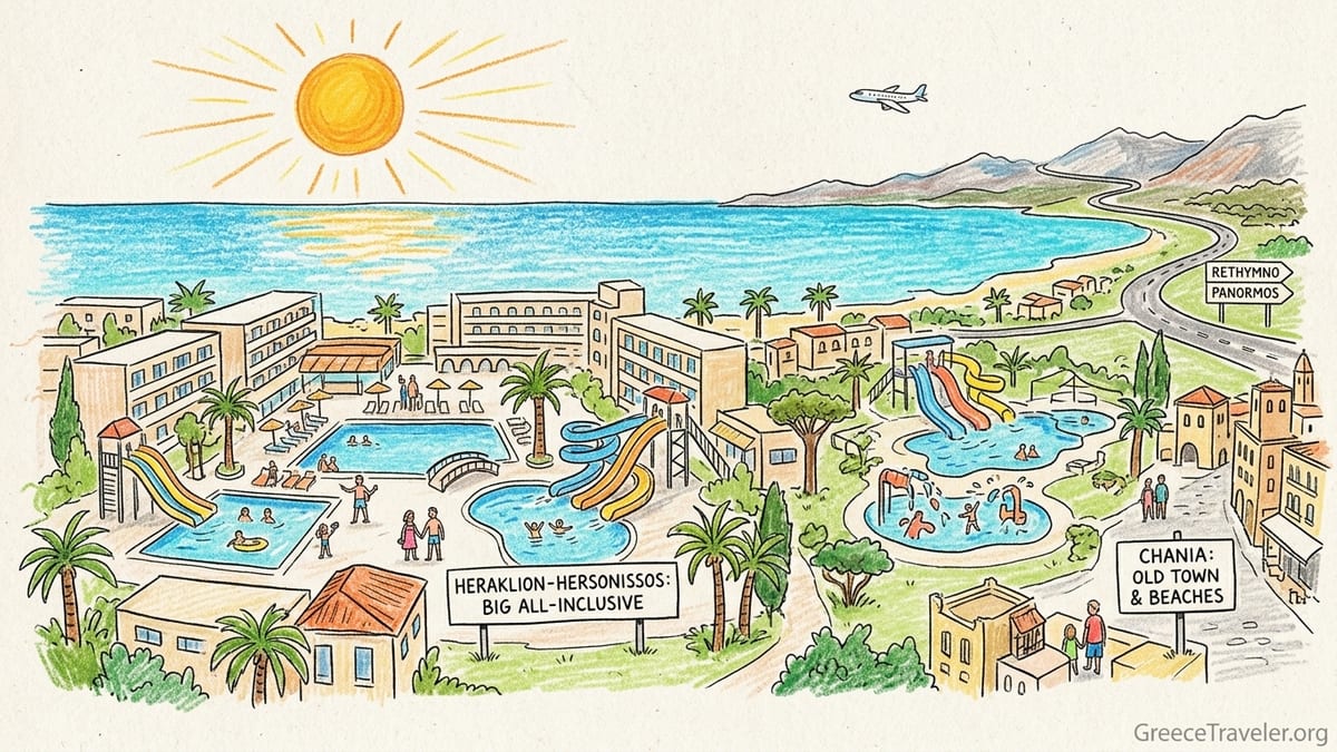 Family-friendly beach resort in Crete with shallow sea, pools and water slides at sunset.