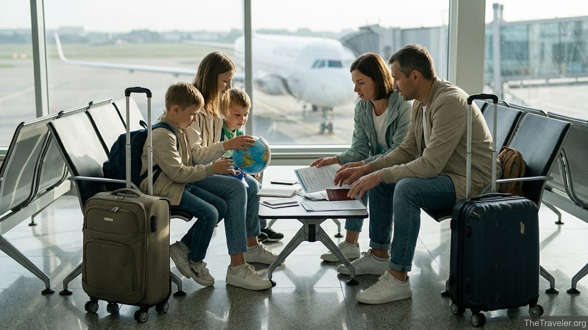 Family reviewing travel insurance documents together in an airport terminal before an international flight.