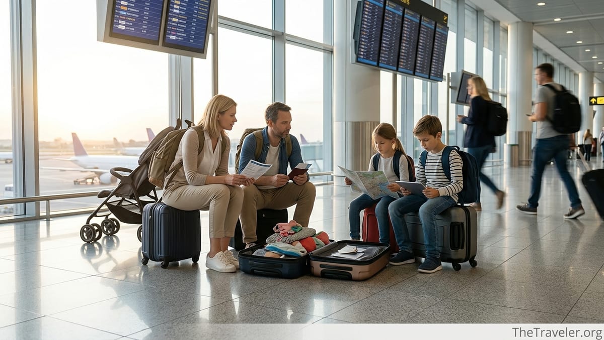 Family reviewing travel insurance documents in a sunlit international airport terminal.