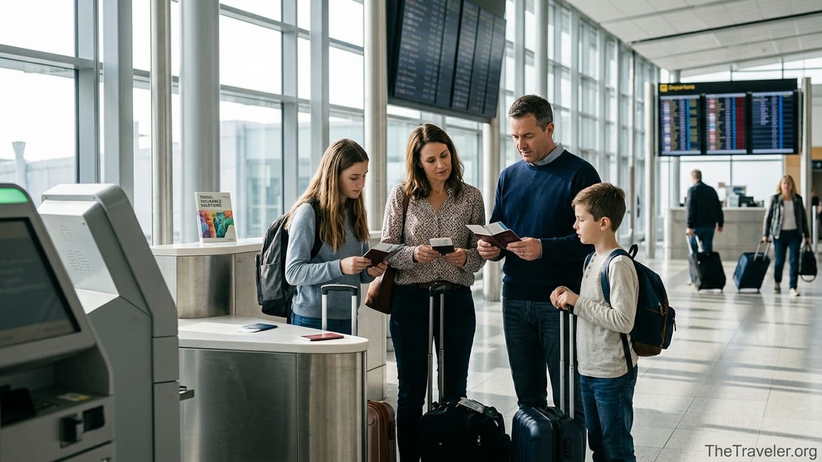 Family reviewing travel documents at an airport check-in counter before an international trip.