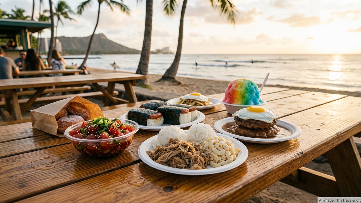 Hawaiian picnic table with poke, plate lunch, Spam musubi and shave ice by a palm lined beach at sunset.