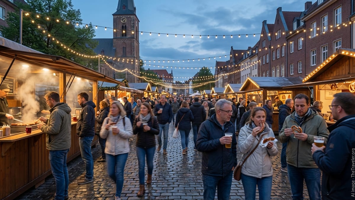 Crowds enjoy food and lights at a German street festival at dusk.