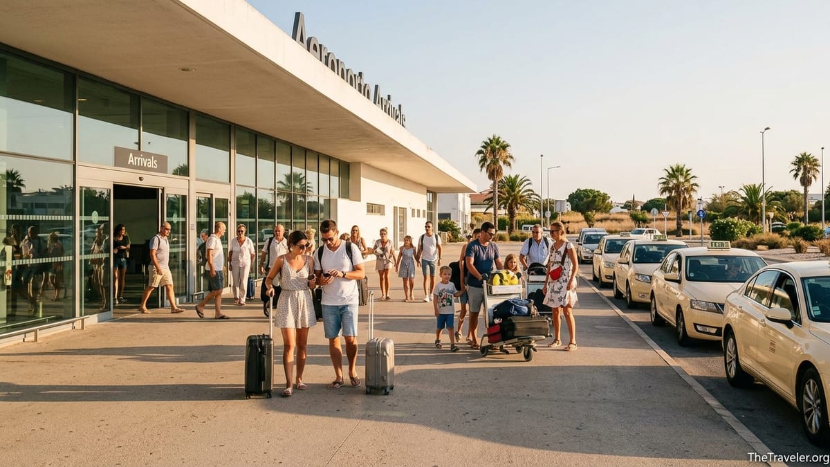 Arriving passengers with luggage outside the main terminal at Faro Airport.